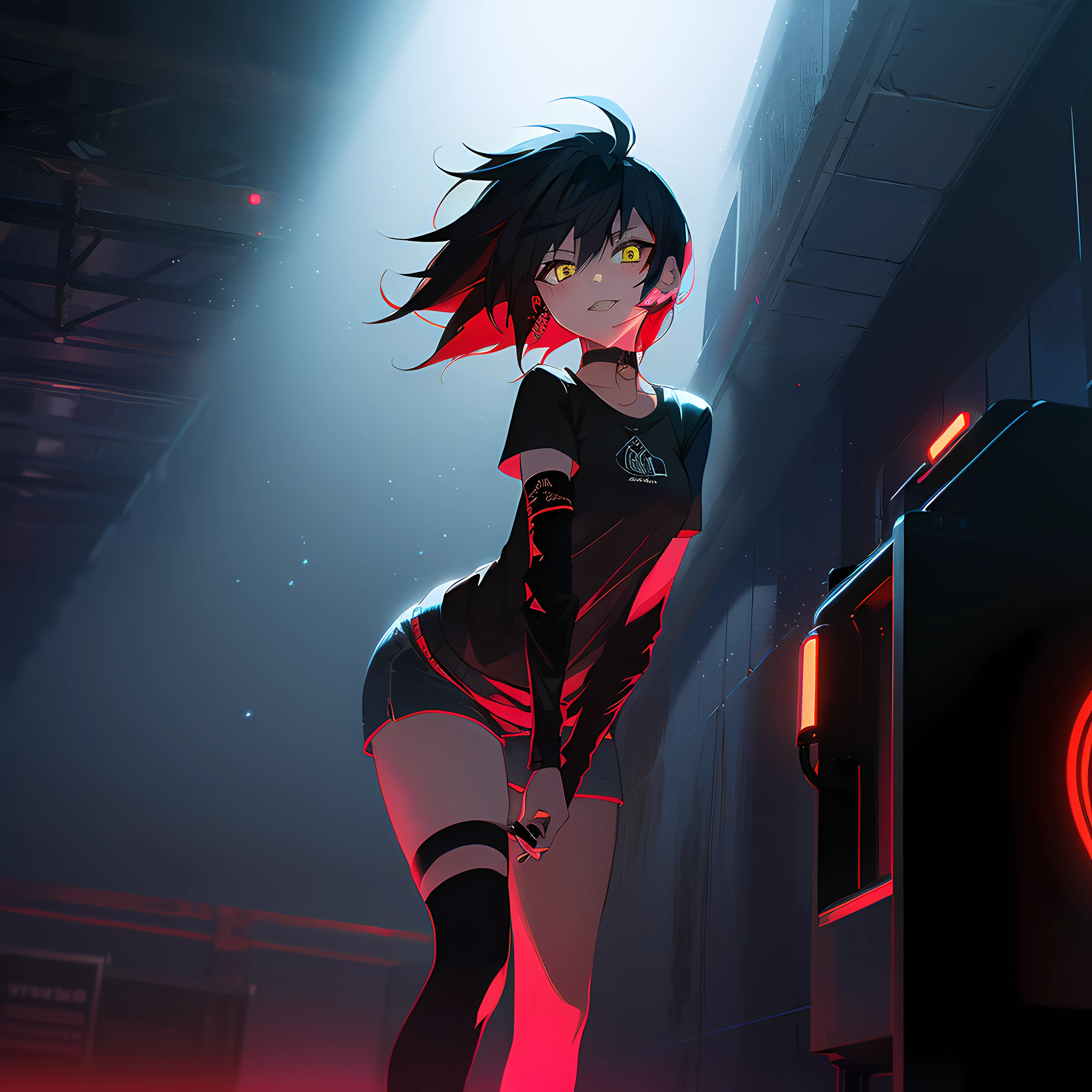 1girl, tomboy, high quality, better render. black nails, black messy short hair, glowing yellow eyes, yandere expression, better eyes, tattoos, gothic looks, beautiful, cute face, 8k quality, black punk shirt, dark denim shorts, black choker, looking at viewer, sexy, wearing plain black shirt, denim shorts, thigh high see-through socks, black earrings, absurdres, high res, ultrasharp, 8K, masterpiece, looking at viewer, seductive expression, glowing eyes, sharp teeth, rebellious, cool, freckles blush