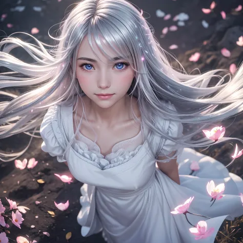 1 girl, scenery, vibrant colors, sharp focus, best quality, depth of field, cinematic lighting, flying petals in the wind,  
(silver eyes), silver hair, extremely long hair, slight blush, slight smile, 
(glowing:1.5), maid, glow hair, from above, hands tog...