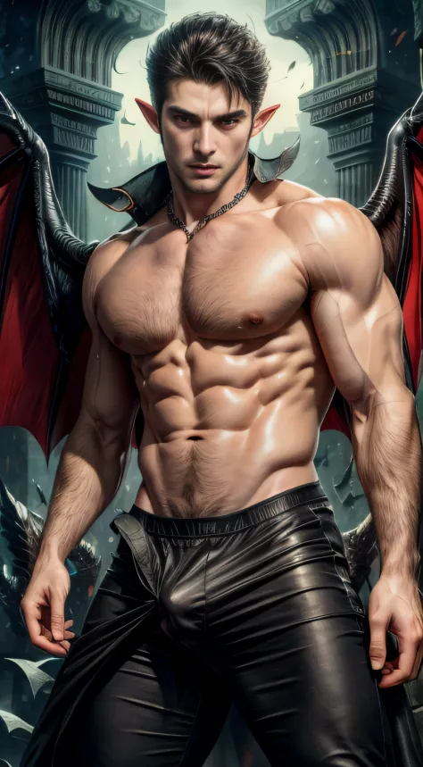 ((Masterpiece, Best quality, high resolution)) Handsome man with black demon wings, Red eyes, Pointy ears, Muscular，Vampires