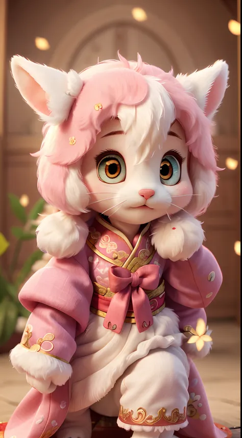 A little white rabbit dressed in pink gorgeous traditional Chinese costume，Delicate and fluffy hair，The expression is cute，Ultra-detailed details，Local close-up，ultra HD picture quality，blur backgroun
