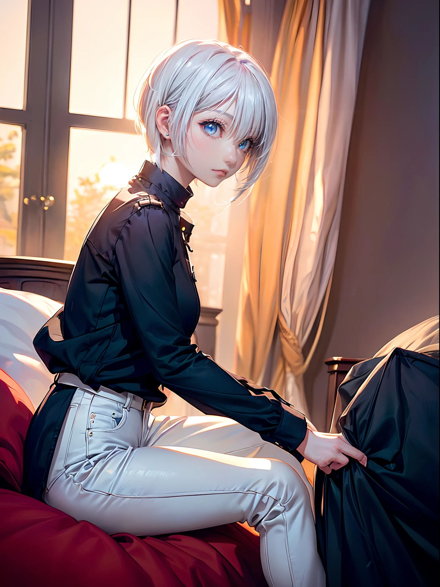 ((4K works))、​masterpiece、(top-quality)、One Beautiful Girl、Slim body、tall、((Black Y-shirt and white pants、Charming street style))、(Detailed beautiful eyes)、Stylish black bedroom、Rooms where nobles live、Black shop window、Bedroom in the evening、((Sunlight leaking through the window))、((Shot in a black bedroom))、Sunset through the window、((dim room))、((Face similar to Carly Rae Jepsen))、((Short-haired white hair))、((Smaller face))、((Neutral face))、((Bright blue eyes))、((American adult women))、((Adult female 26 years old))、((cool lady))、((Like a celebrity))、((deadpan))、((Korean Makeup))、((elongated and sharp eyes))、((Happy dating))、((boyish))、((Upper body photography))、Professional Photos、((Shot alone))、((She is sitting on a futon))、((Shot diagonally from the side))、((Shot in close proximity to her))、((Focus zoom in))、((She watching the sunset))