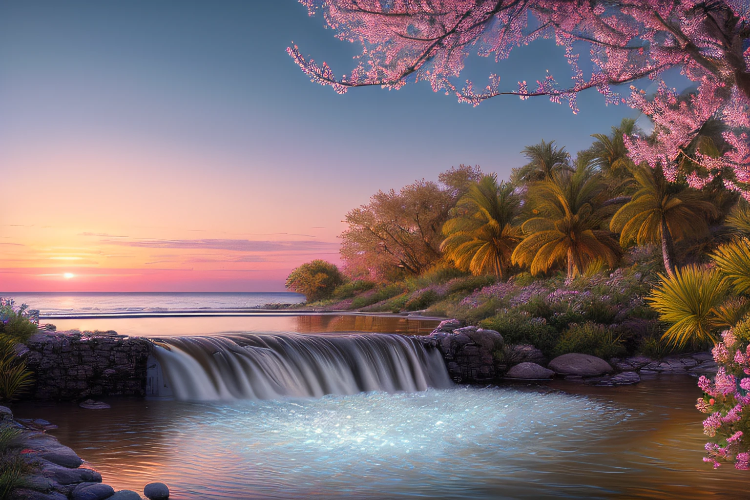 Eau,coucher du soleil,fleurs,(Highly detailed CG Unit 8k wallpaper), The most beautiful work of art in the world, Professional majestic oil painting, complexe, High detail, mise au point nette, dramatique, Art of photorealist painting,