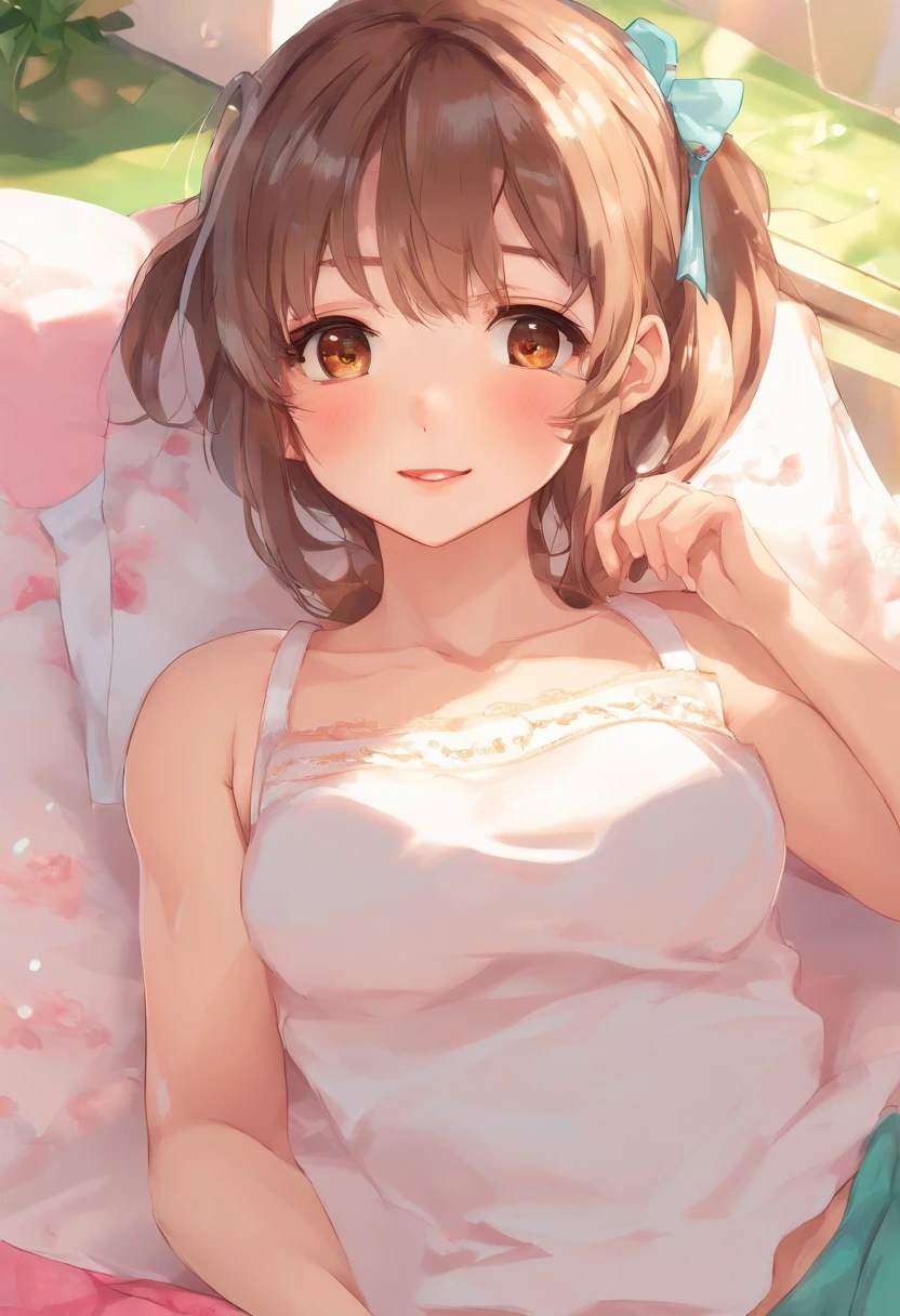 Anime girl laying in bed with pink sheets and blue bow - SeaArt AI