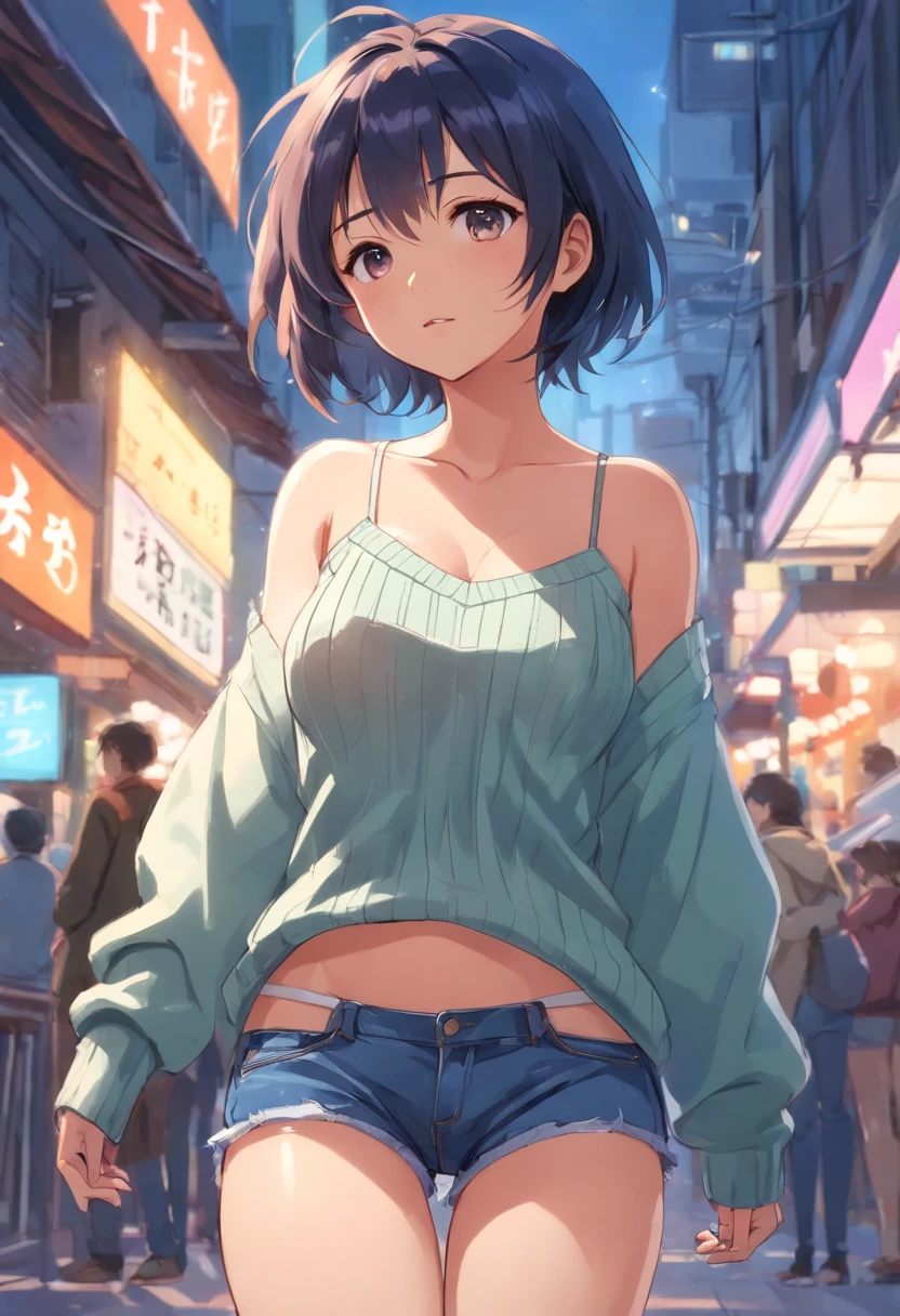 (), big boobs,(masterpiece), best quality, extremely detailed, (watercolor), bloom, delicate and beautiful, illustration, (from below),(1girl:1.4), (solo:1.2), large breasts, (ribbed sweater:1.3), off-shoulder sweater, (short shorts:1.2), bare shoulders, (underboob), ((dark skin:0.8)), beautiful eyes, (disheveled hair ), photography, over-the-shoulder shot, by Alex Maleev, professional, canon camera, nikon camera, sharp, bokeh, studio quality, fisheye lens, by Robert Capa ,