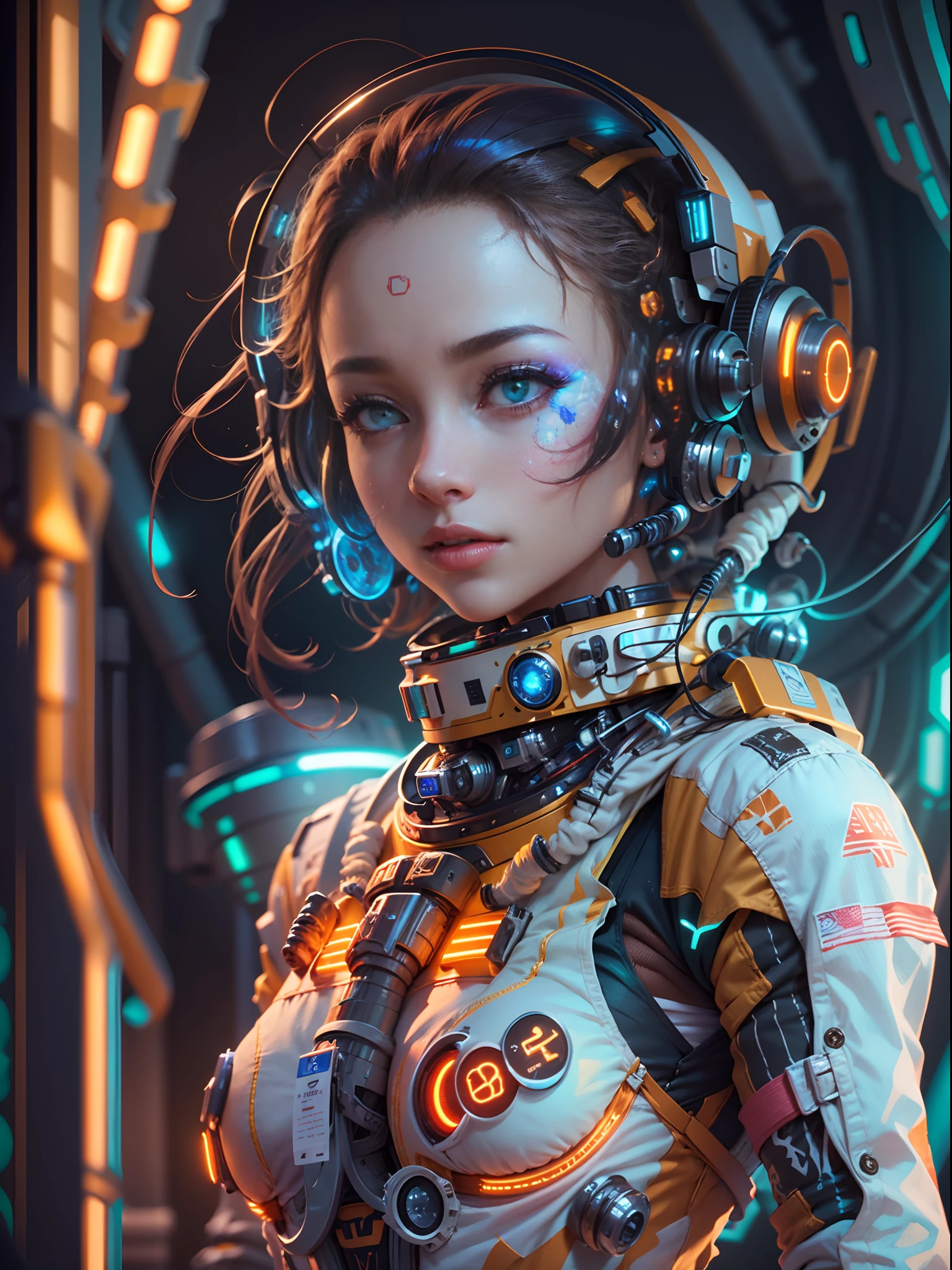 （Hermoso cyborg，ella es una astronauta，ojos de color azul），naranja y blanco，
luces de borde，iluminación global