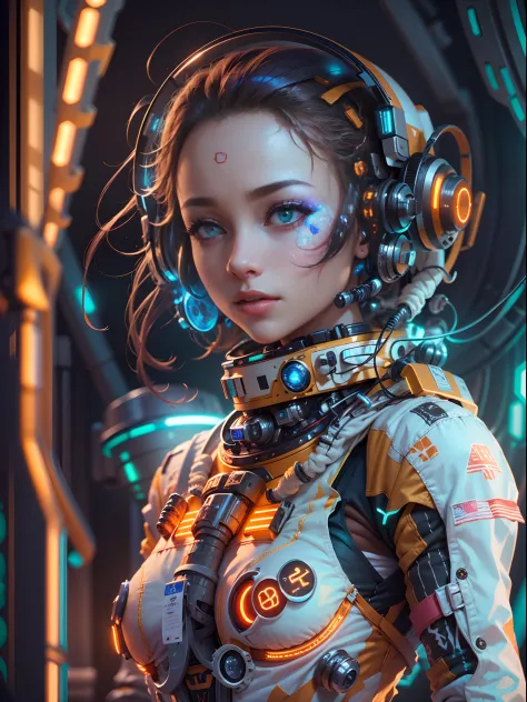 （Beautiful cyborg，She is an astronaut，blue colored eyes），orange and white，
Edge lights，Global illumination