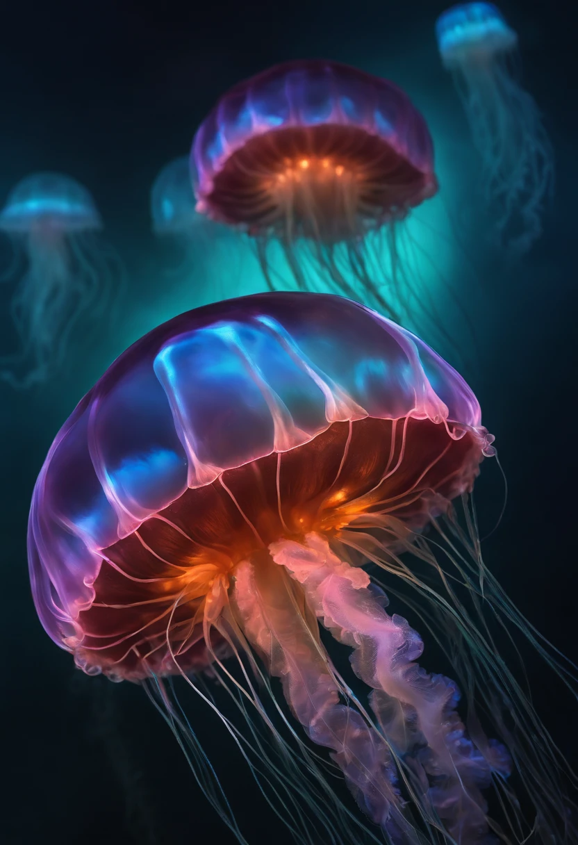 There are jellyfish floating, Medusa cyberpunk, neon jellyfish, jelly fish, Translucent bright jellyfish, Bright jellyfish, bioluminescent jellyfish, Jellyfish dance, jelly fish, jelly fish, transparent jellyfish, space jellyfish, Elements of jellyfish, jellyfish elements, jellyfish fractal, Gelatin glows,