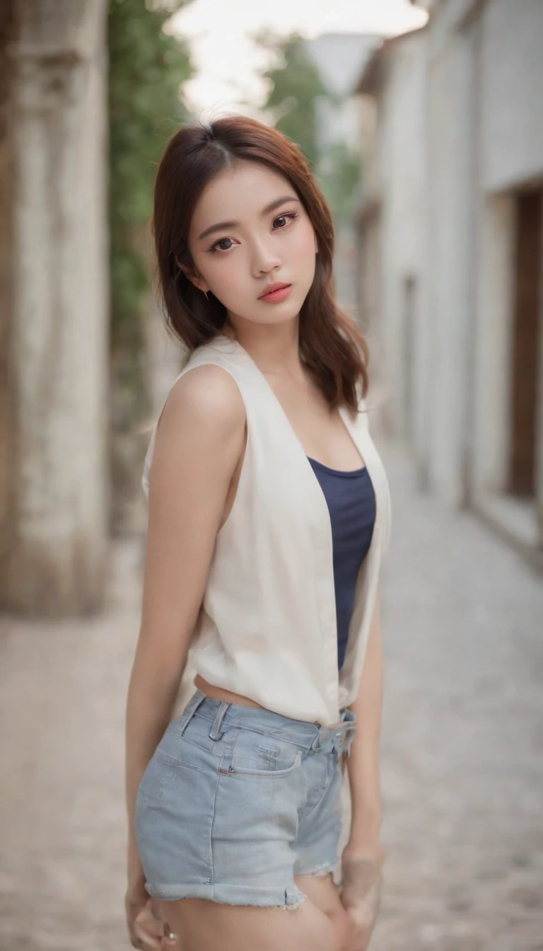 Beautiful girl，Young Chinese，19years old，Fashionab，vests，hot pant，long leges，Wear slippers，White skin，Delicate facial features，largeeyes，long eyelasher，Blushlush，vred，Unhappy，scowling，Pout，Urban outdoors，Full body photo，in a panoramic view，Raised sexy，Height is 170 cm，Weight 45 kg