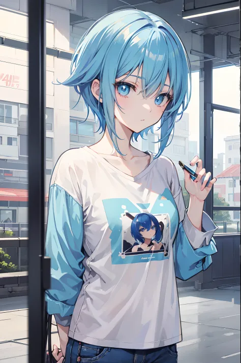 anime style pngtuber model, short light blue hair, blue eyes, ((casual clothing)), ((bust up)), neutral expression, facing front or diagonally
