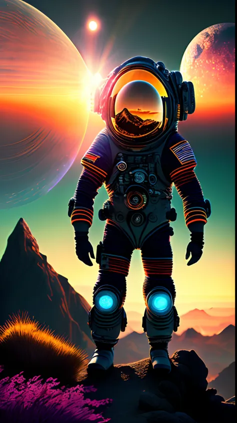 (best quality,4k,8k,highres,masterpiece:1.2),ultra-detailed,(realistic,photorealistic,photo-realistic:1.37),an astronaut,humans,sunset,light waves,intricacy,highly detailed,astronaut visor reflecting vibrant colors,exploring an alien planet,glowing particl...