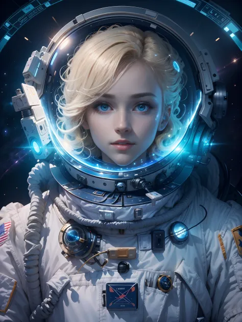 astronaut poster，beautiful space astronaut，half-body portrait。coiffed blonde hair，blue colored eyes，wearing a spacesuit
edge lig...