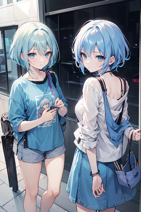 anime style pngtuber model, short light blue hair, blue eyes, ((casual clothing)), ((bust up)), neutral expression, facing front or diagonally