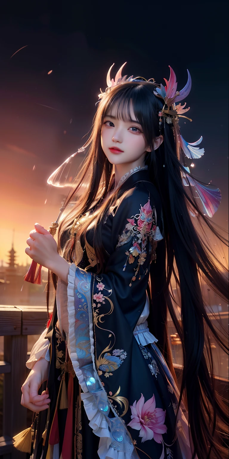 (8k, RAW photo: 1.2), top quality, ultra high resolution, dramatic angle, (fluttering detailed color splash), (illustration), (one girl))), (long hair), (rain: 0.9), (headdress: 1.4), there is an ancient palace next to the girl, Hanf, (emphasis), Color ink painting, (splash color), splash color, (((colorful))), (Sketch: 0.8), Masterpiece, Best Quality, Beautiful Paintwork, Very Detailed, (Denoise: 0.6), [Splash Ink], (Ink Refraction)), (Beautiful Detailed Sky), Moon, Very, Detail, (Masterpiece, Best Quality, Very Detailed) CG Unity 8k wallpaper, masterpiece, best quality, super detail), (garlic),