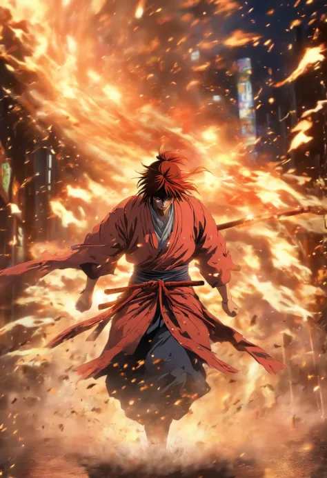 Rurouni Kenshin Attack his enemy  (in a Firestorm with lighting thunder vfx around), masterpiece, best quality, ultra quality, absurd details, best light, best shadow, sharp, sharp picture, detailed face, detailed eyes, detailed hair, detailed, extremely d...