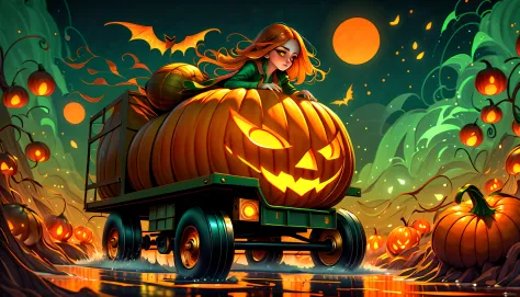 (((fleeting and pretty girl who seems to disappear and fantasy pumpkin-four wheels-cargo include all concept illustration:1.3)))...