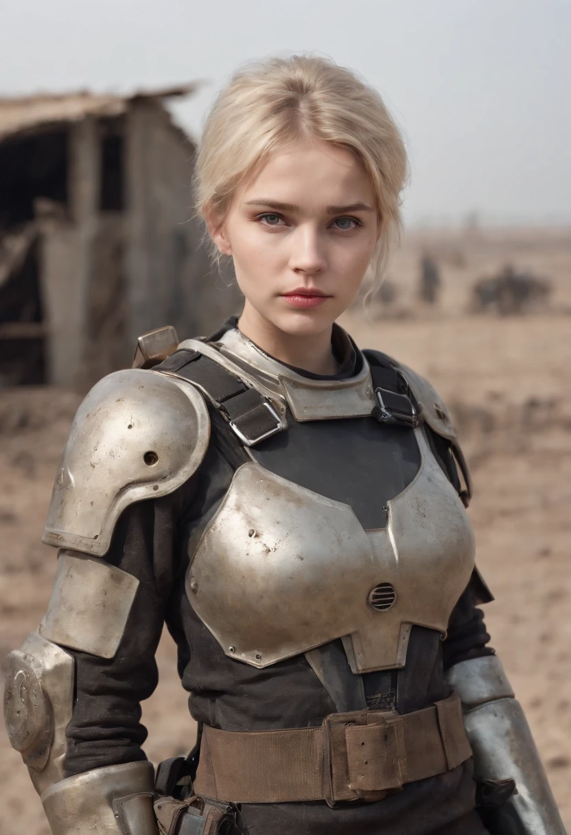 Russian girl 16 years old ,Blonde Dirty Short Hair, dusty face, Dressed in the armor of the future, Against the backdrop of a desolate post-apocalypse, AR-16 rifle in hand, the wind, dust, Destroyed buildings, Skeletons of burnt cars, Oppressive atmosphere, Dirty skies, photo realism, Sharp focus, Human bones are scattered on the dusty ground, Lonely bushes,Fallout,Photo 3/4,Realistic Facial Skin, Dust on clothes,