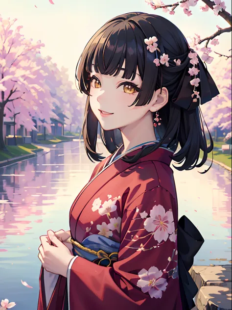 masterpiece, best quality, NSFW, 1girl, black hair, ,yellow eyes, kimono, cherry blossom trees, park background, smiling, detailed eyes, detailed facial features, realistic and high resolution (best quality, 4k, 8k, highres, masterpiece:1.2)