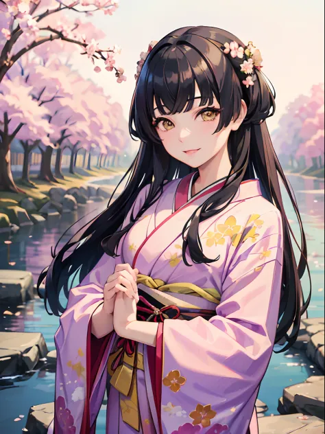 masterpiece, best quality, NSFW, 1girl, black hair, ,yellow eyes, kimono, cherry blossom trees, matsuri, smiling, detailed eyes, detailed facial features, realistic and high resolution (best quality, 4k, 8k, highres, masterpiece:1.2)