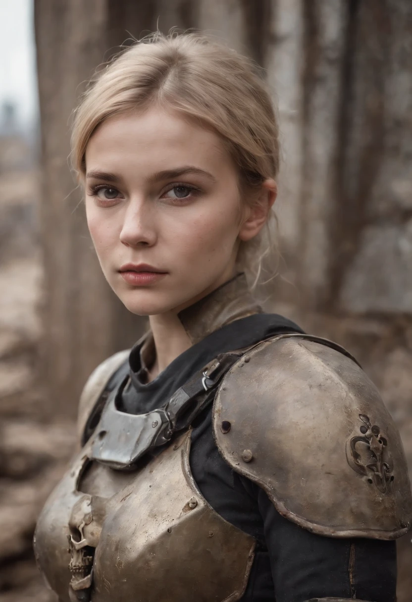 Russian girl 16 years old ,Blonde Dirty Short Hair, dusty face, Dressed in the armor of the future, Against the backdrop of a desolate post-apocalypse, Ruined Moscow, Ruins of the Kremlin, AR-16 rifle in hand, the wind, dust, Destroyed buildings, Skeletons of burnt cars, Oppressive atmosphere, Dirty skies, photo realism, Sharp focus, Human bones and skulls are scattered everywhere, garbage heaps,Wreckage of buildings,Fallout,Photo 3/4, Realistic Facial Skin, Dust on clothes,Oppressive atmosphere,