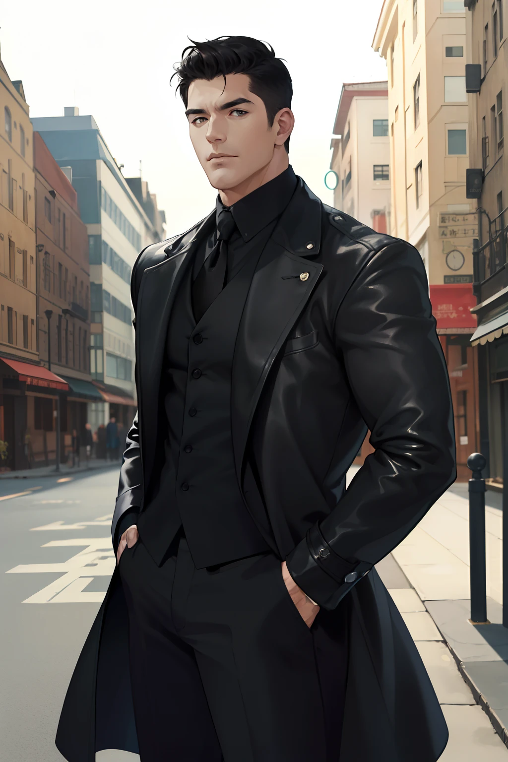 (absurderes、hight resolution、Ultra-detail、realisitic、)、1 male、solo、AS-Adult、mature、Tall and muscular man、broad shoulder、a handsome、(Bery short hair:1.4)、angular jaws、thick neck、thick eyebrows、a closed mouth、suits, portlate, extra detailed face, Photojournalism, documentary photography, Visual Storytelling, Capture the moment, Historical record, Comments from the society, Powerful image, Black soft leather coat,cowboy  shot, hands in the pocket,tobacco,age 40s