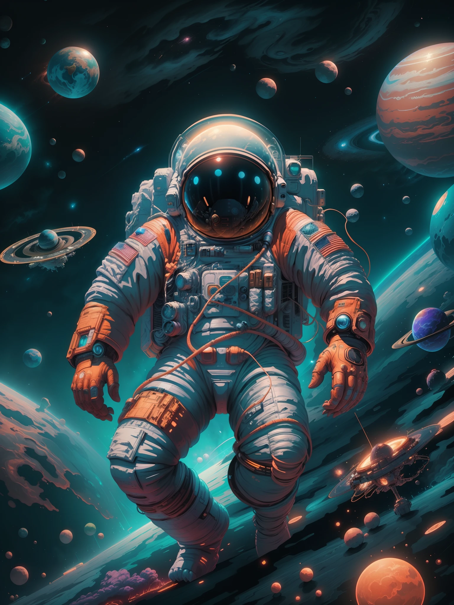 Astronaut in space with planets and planets in background, Science-fi digital art illustration, 4k highly detailed digital art, jen bartel, in the style dan mumford artwork, 8K stunning artwork, sci-fi illustrations, sci-fi illustrations, 4K detailed digital art, stunning digital illustration, amazing space creature 4 k, dan munford. 8 k octane render