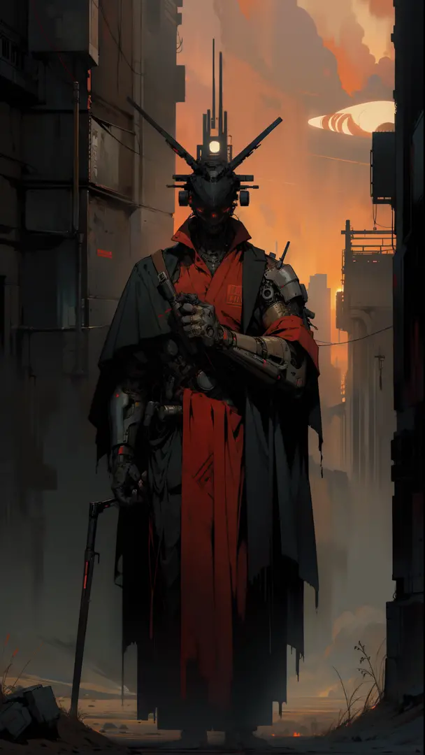 derpd, lethal cyborg assassin wearing robes armor, danger, red sky,post apocalypse