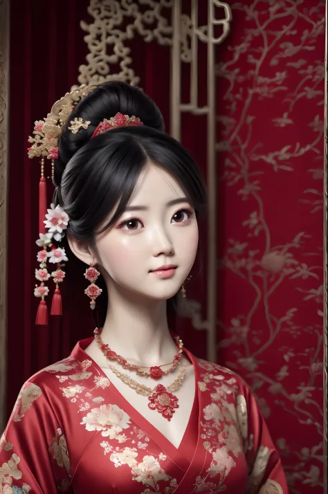 Close-up of a woman wearing a necklace in a red dress, Chinese style, Chinese girl, Beautiful character painting, Guviz-style artwork, Palace ， A girl in Hanfu, Beautiful rendering of the Tang Dynasty, Realistic anime 3 D style, trending on cgstation, 8K h...