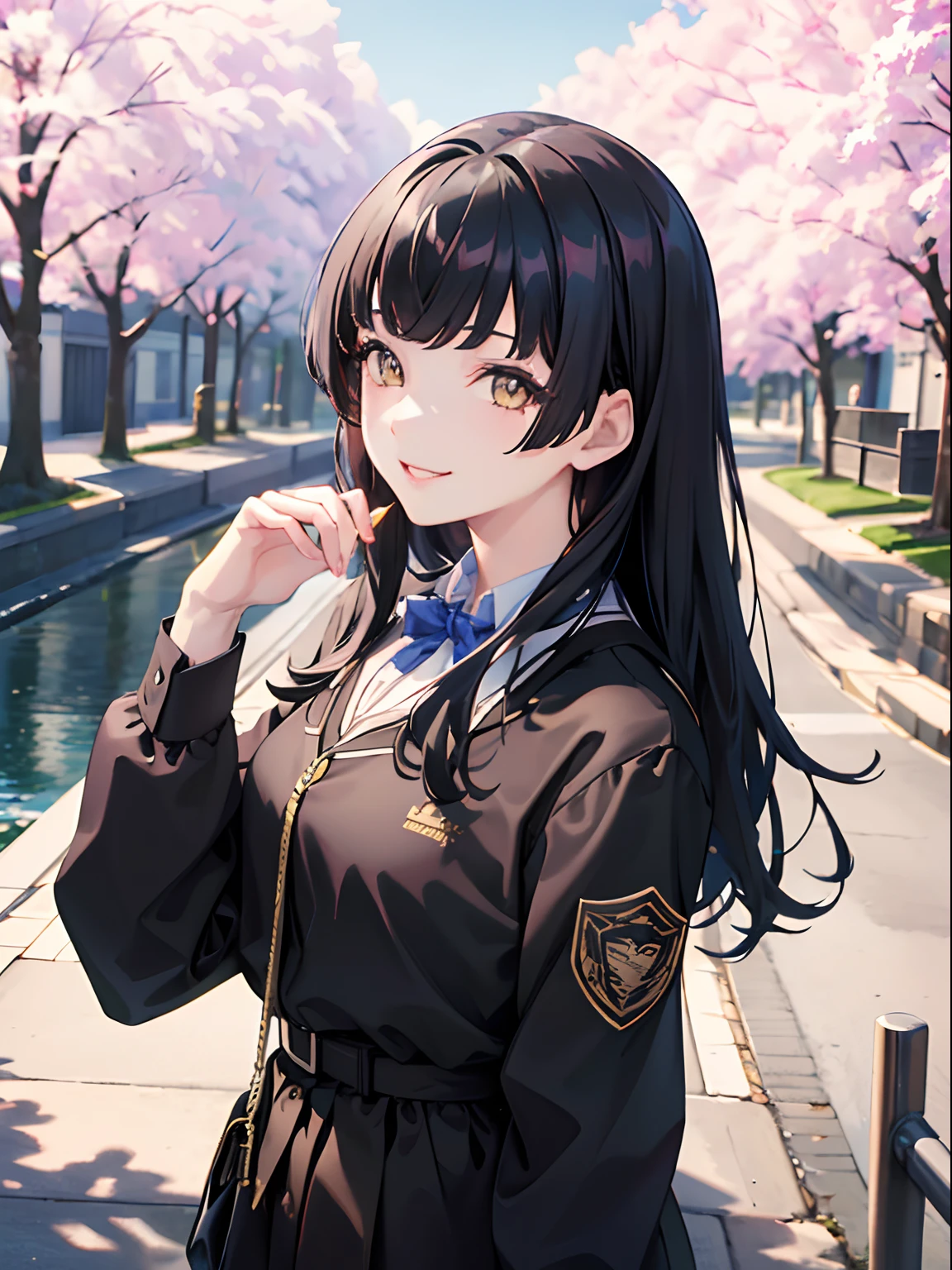 masterpiece, best quality, 1girl, black hair, ,yellow eyes, school uniform, cherry blossoms, smiling, detailed eyes, detailed facial features, realistic and high resolution (best quality, 4k, 8k, highres, masterpiece:1.2)