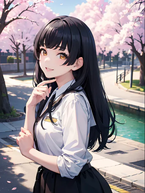 masterpiece, best quality, 1girl, black hair, ,yellow eyes, school uniform, cherry blossoms, smiling, detailed eyes, detailed fa...