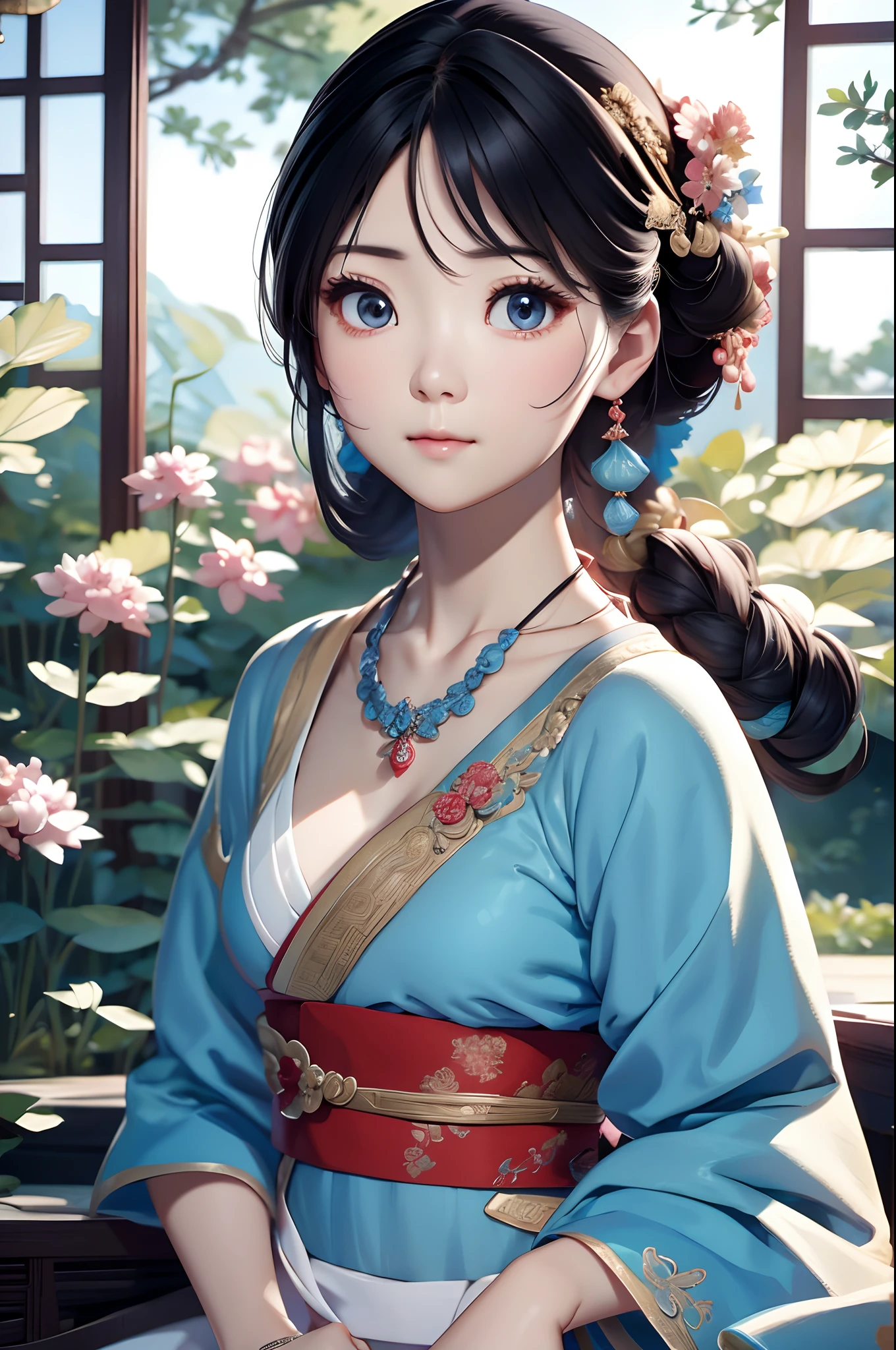 Gros plan d&#39;une femme portant un collier dans une robe bleu clair, style chinois, chinoise, belle peinture de personnage, Oeuvre de style Guviz, palais ， une fille en hanfu, Magnifique rendu de la dynastie Tang, style anime 3D réaliste, Tendance sur CGSTATION, Art détaillé 8k de haute qualité, Ancienne princesse chinoise, femme chinoise, Guviz