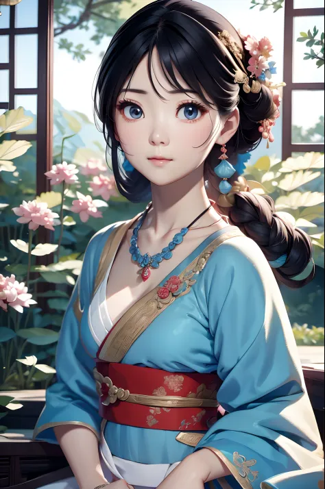 Close-up of a woman wearing a necklace in a light blue dress, Chinese style, Chinese girl, Beautiful character painting, Guviz-style artwork, Palace ， A girl in Hanfu, Beautiful rendering of the Tang Dynasty, Realistic anime 3 D style, trending on cgstatio...