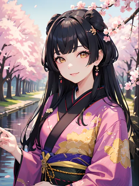 masterpiece, best quality, 1girl, black hair, ,yellow eyes, kimono, cherry blossoms, smiling, detailed eyes, detailed facial fea...