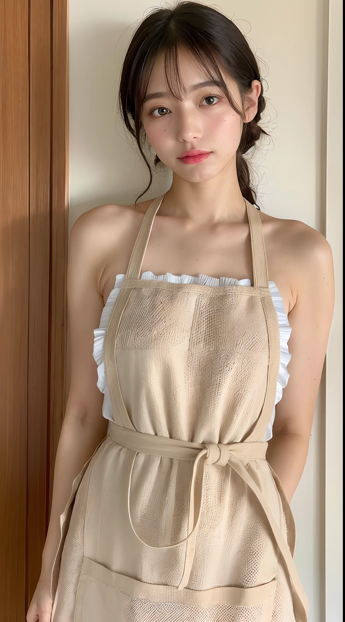 A close up of a woman wearing a tan apron and a white top - SeaArt AI