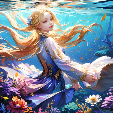 (absurdres, highres, ultra detailed), 1girl, solo, mature, (long blonde hair), fanasy, long sleeve, elegant, holy, colorful, hig...