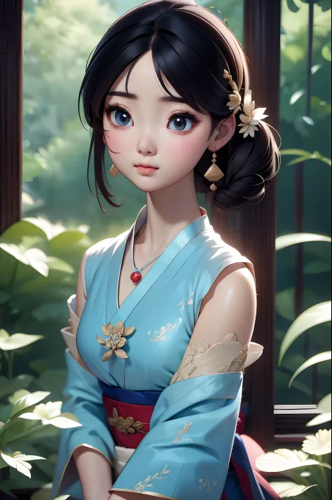 Close-up of a woman wearing a light blue slip dress necklace, Chinese style, Chinese girl, Beautiful character painting, Guviz-style artwork, Palace ， A girl in Hanfu, Beautiful rendering of the Tang Dynasty, Realistic anime 3 D style, trending on cgstatio...