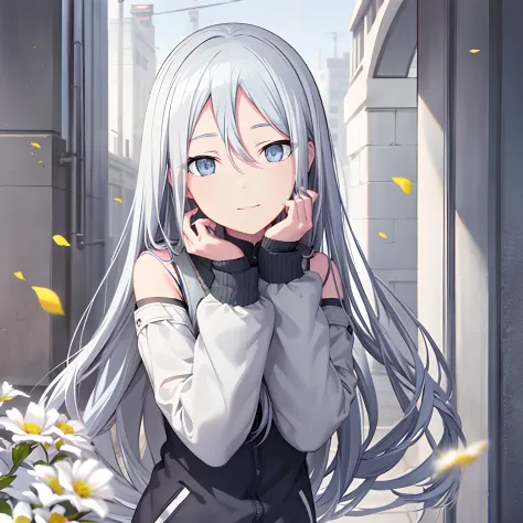 grey eyes, kanade3rd, looking at viewer, smile, long sleeves, closed mouth, jacket, upper body, flower, white hair, off shoulder...