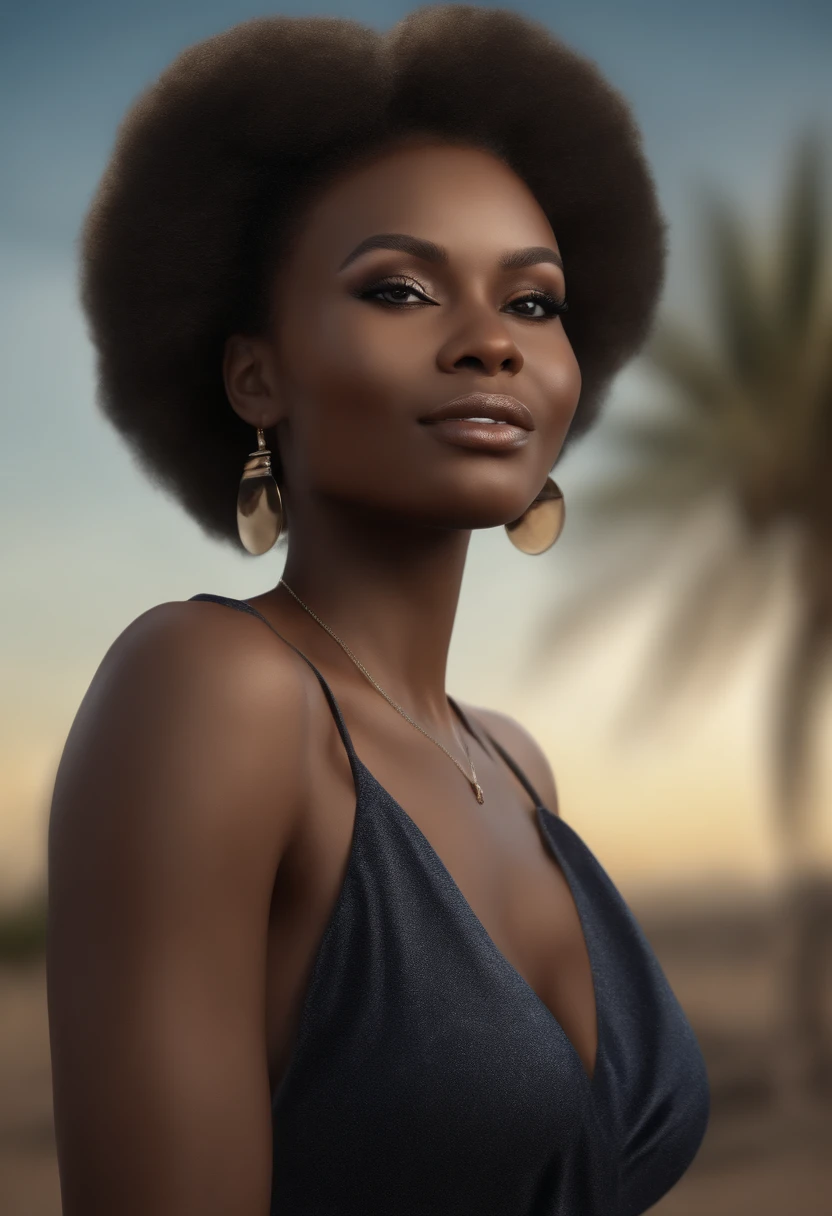 A woman with an afro wearing a blue dress and earrings - SeaArt AI