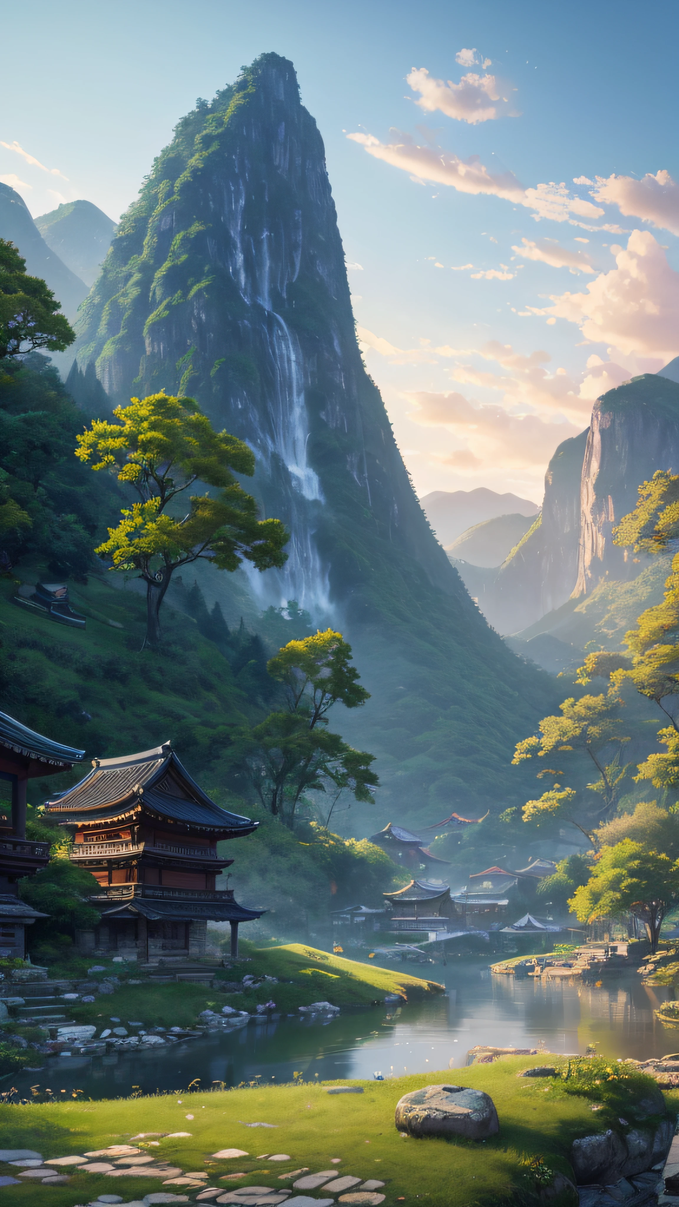 Wallpapers，scenecy，Far Mountain，Eau，Traditional Gangnam，idyllic scenery，（Very detailed CG unity 8K wallpaper），most beautiful artwork in the world，iintricate，high detal，sharp fokus，dramatics，Realistic painting art