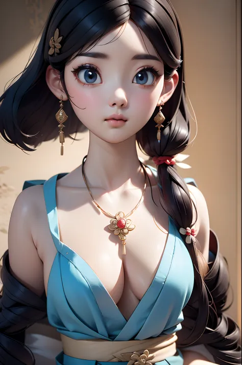 Close-up of a woman wearing a light blue slip dress necklace, Chinese style, Chinese girl, Beautiful character painting, Guviz-style artwork, Palace ， A girl in Hanfu, Beautiful rendering of the Tang Dynasty, Realistic anime 3 D style, trending on cgstatio...
