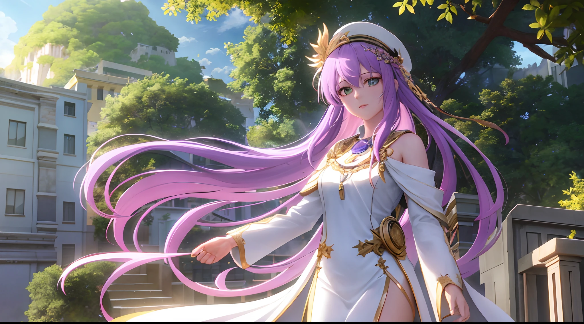 Athena with plain long light purple hair,hair between eyes,green eyes,rosy cheeks,full lips,thin eyebrows,slender body,wearing robe,praying beads on neck,cute anime girl,full body,city balcony in background,anime style,Lumen Reflections,Screen Space Reflections,Diffraction Grading,Chromatic Aberration,GB Displacement,Scan Lines,Ray Traced,Anti-Aliasing,FXAA,TXAA,RTX,SSAO,Shaders,OpenGL-Shaders, GLSL-Shaders,Post Processing,Post-Production,cell Shading,Tone Mapping,CGI,VFX,SFX,insanely detailed and intricate, 4K,standing, solo, masterpiece, best quality, detailed face, detailed eyes, highres, standing, solo,masterpiece, best quality