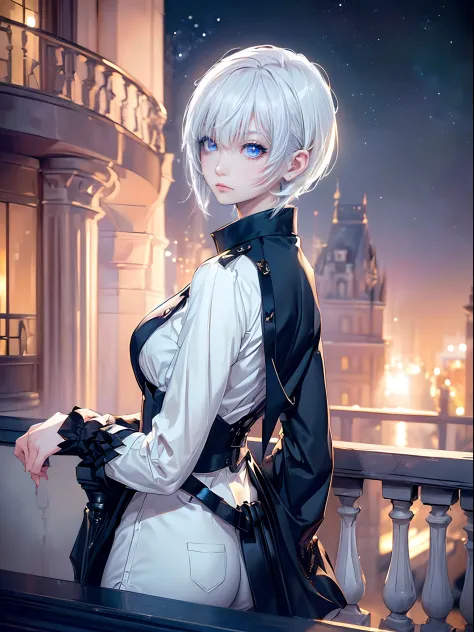 ((4K works))、​masterpiece、(top-quality)、One Beautiful Girl、Slim body、tall、((Black Y-shirt and white pants、Charming street style))、(Detailed beautiful eyes)、Stylish English black balcony、Castle inhabited by villains、Black shop window、Balcony at night、((Star...