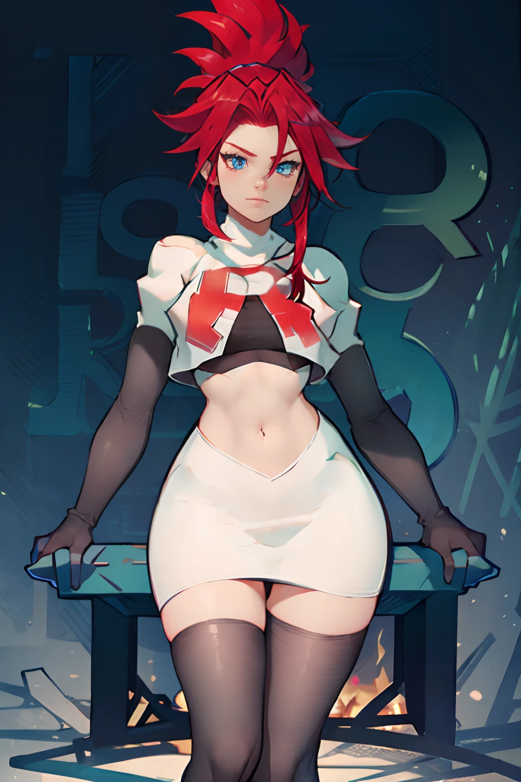 korsica,team rocket,team rocket uniform, red letter R, white skirt,white crop top,black thigh-highs,black elbow gloves