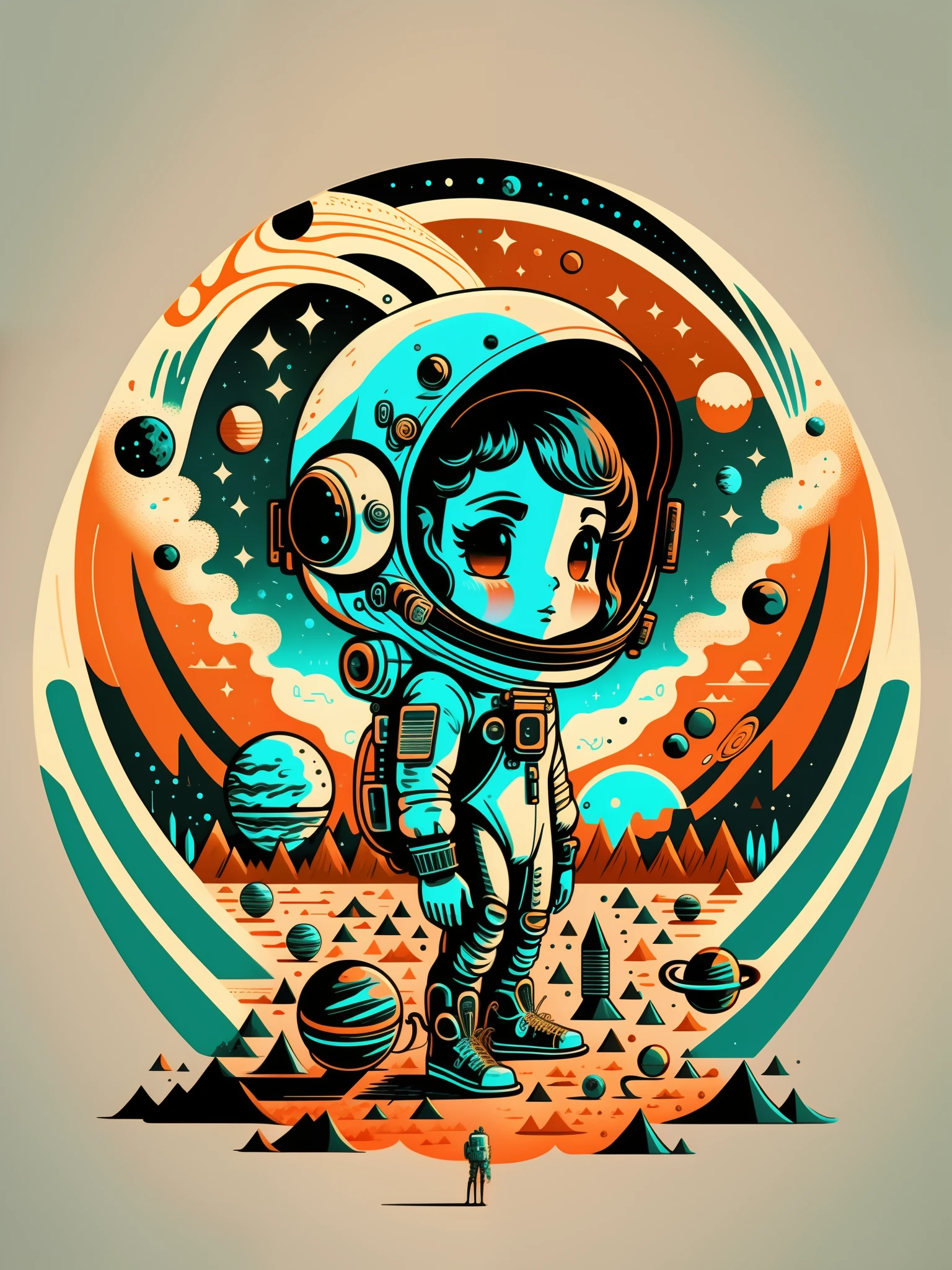 极简主义图形艺术，三色生产，宇航员在太空中与行星和行星在背景中, 科幻数码艺术插画, 4k 高度详细的数字艺术, 只是个玩笑, 丹·芒福德 (Dan Mumford) 的艺术作品风格, 8k 令人惊叹的艺术作品, 科幻插图, 科幻插图, 4K 精细数字艺术, 令人惊叹的数码插图, 惊人的太空生物 4k, 和蒙福德. 8 k 辛烷值渲染，