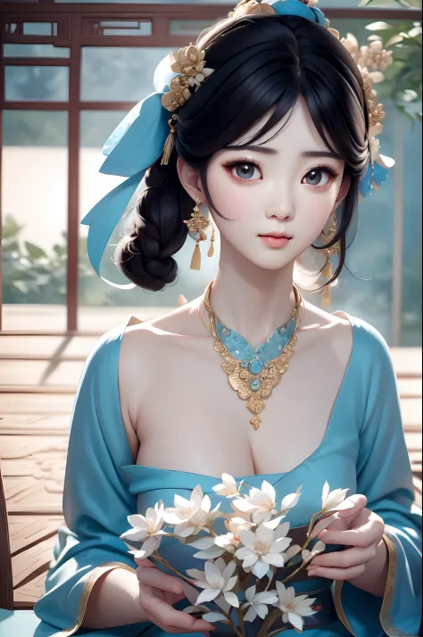 Close-up of a woman wearing a light blue slip dress necklace, Chinese style, Chinese girl, Beautiful character painting, Guviz-s...