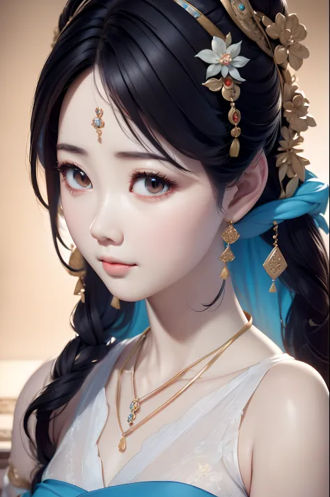 Close-up of a woman wearing a light blue slip dress necklace, Chinese style, Chinese girl, Beautiful character painting, Guviz-s...
