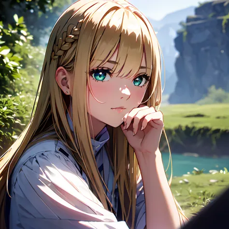 girl with, (((length hair))), sitting on, sideshot, (skysky:1.3), (​masterpiece, top-quality, near and far law, depth of fields:...