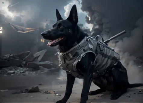 Menacing black dog wears a gray Soviet style bulletproof vest with purple details has an antenna on his back is in a completely destroyed city on fire smoke and debris flying saucers in the sky, ultra realistic, Ultra detailed, Hyper realistic, 4k, Ultra d...