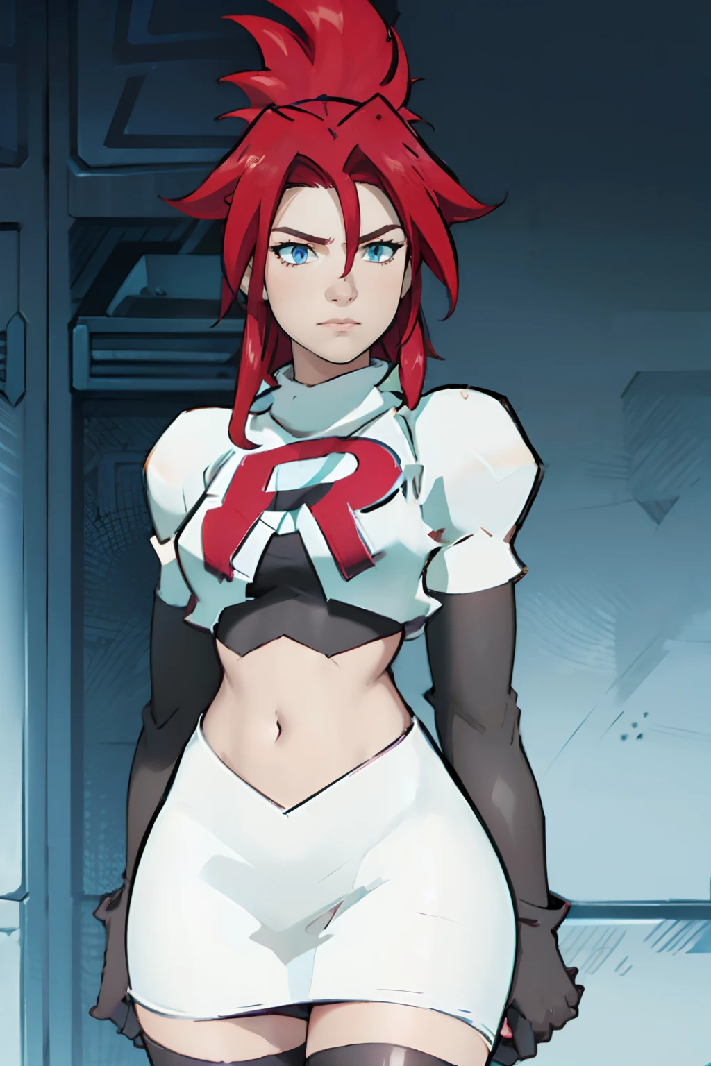 face of korsica,team rocket,team rocket uniform, red letter R, white skirt,white crop top,black thigh-highs,black elbow gloves, arms crossed