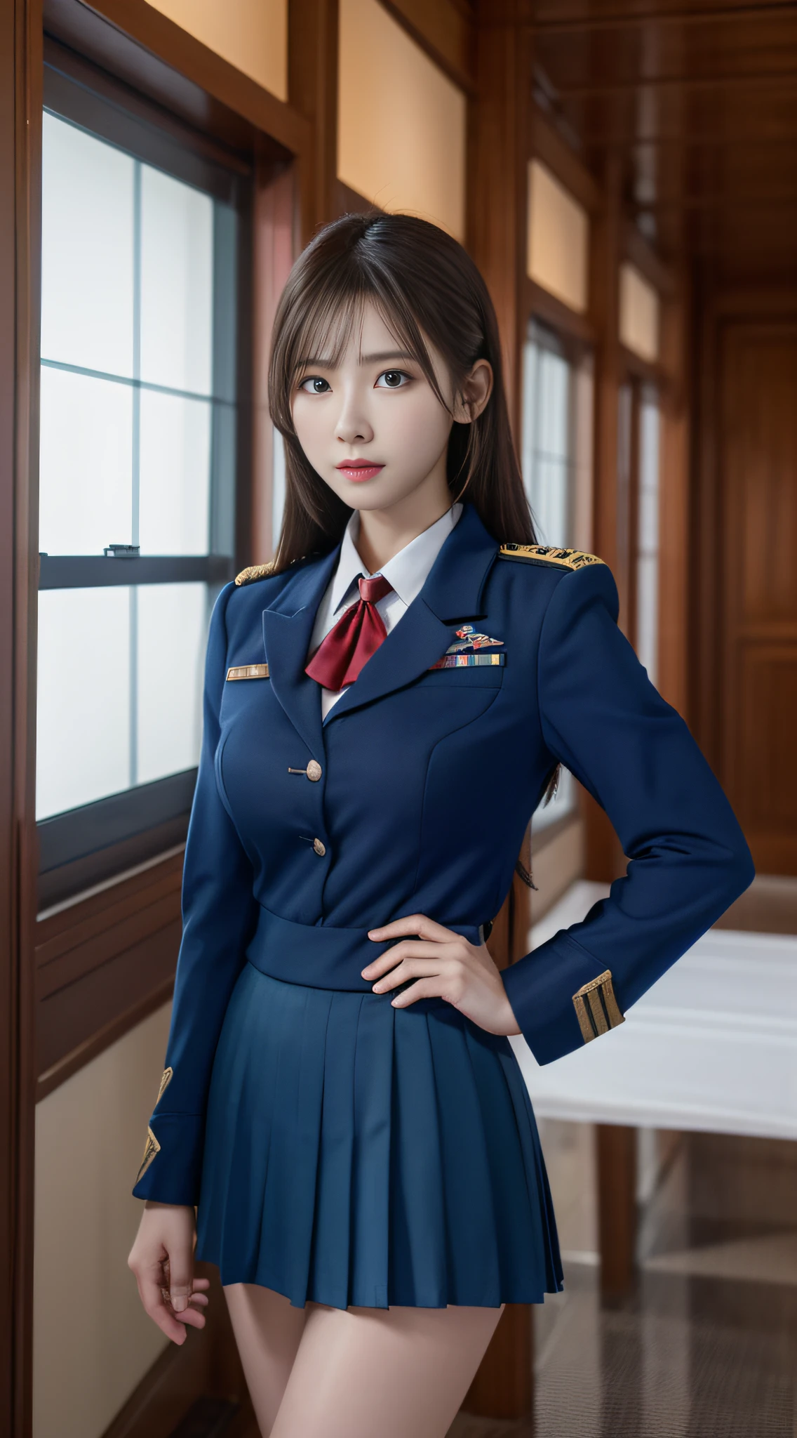 【Résolution supérieure、distinct_image】qualité supérieure、chef-d&#39;œuvre、qualité d&#39;image de haut niveau、semi-réalité、Officier féminin、triple coup、uniforme bleu、Jupe plissée bleue、tenues militaires、Sous-officier de marine、lancer、Académie militaire、