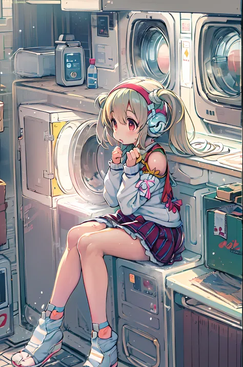 Anime girl sitting on chair in front of washing machine, anime moe art style, Cute anime girl, Anime visuals of cute girls, Anim...